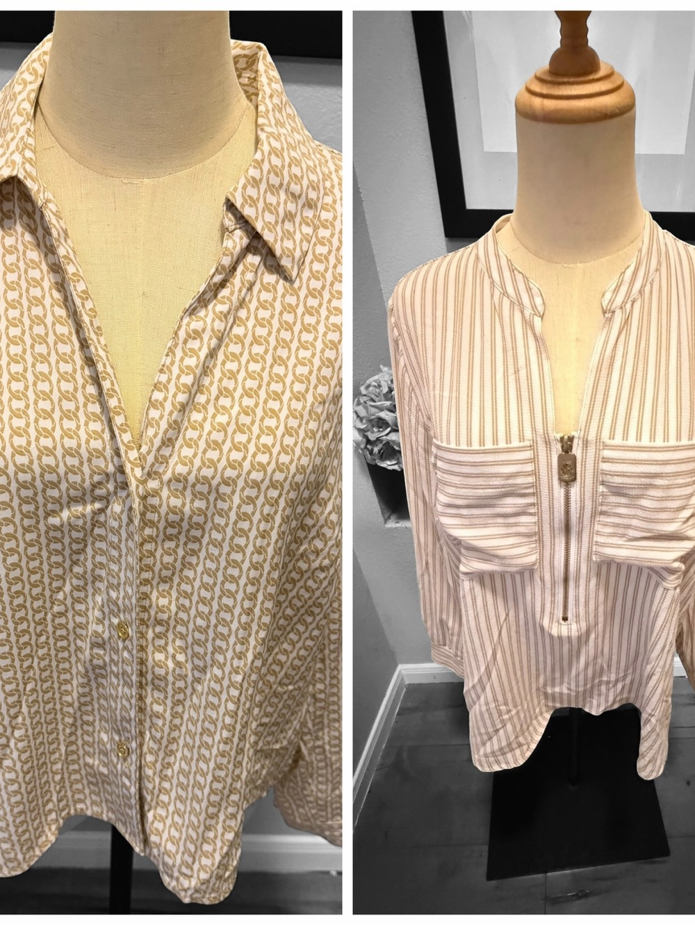 ****Set of 2 Michael Kors Cream and Tan Button-Down Shirt & 1 front zip